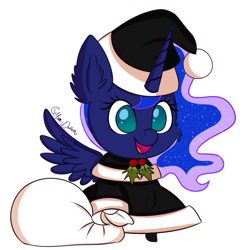 Size: 960x960 | Tagged: safe, artist:moon-potion, princess luna, alicorn, pony, christmas, cute, hat, holiday, holly, padoru, santa hat, simple background, solo, white background