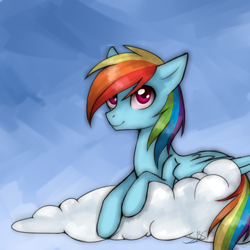 Size: 500x500 | Tagged: safe, artist:suicidebystar, derpibooru import, rainbow dash, pegasus, pony, cloud, solo