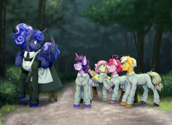 Size: 4000x2921 | Tagged: safe, artist:djkaskan, applejack, fluttershy, pinkie pie, princess luna, twilight sparkle, alicorn, earth pony, pegasus, pony, unicorn, anime, crossover, female, filly, forest, redraw, the promised neverland