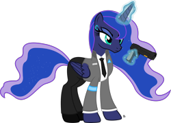 Size: 3096x2215 | Tagged: safe, artist:anime-equestria, princess luna, alicorn, pony, robot, android, angry, armband, blue eyeshadow, clothes, crossover, cybernetic eyes, desert eagle, detroit: become human, dress shirt, eyeshadow, female, frown, gun, handgun, horn, jacket, levitation, magic, makeup, mare, necktie, pants, parody, shirt, simple background, solo, sparkles, suit, telekinesis, transparent background, vector, weapon, wings