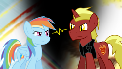 Size: 1024x576 | Tagged: safe, artist:xain-russell, rainbow dash, oc, oc:firebrand, pegasus, pony, double rainboom, josh scorcher, review, the fiery joker, title card