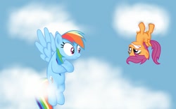 Size: 1280x800 | Tagged: safe, artist:whispercannon, rainbow dash, scootaloo, pegasus, pony, flight to the finish, cloud, cloudy, scootaloo can't fly, upside down