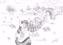 Size: 7011x5100 | Tagged: safe, artist:rofljay, rainbow dash, twilight sparkle, pegasus, pony, absurd resolution, chess, monochrome