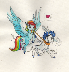 Size: 1024x1056 | Tagged: safe, artist:sagastuff94, derpibooru import, rainbow dash, soarin', pegasus, pony, backwards cutie mark, clothes, female, heart, hoers, male, scarf, shipping, soarindash, straight, traditional art