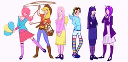 Size: 1101x532 | Tagged: safe, artist:art-calavera, derpibooru import, applejack, fluttershy, pinkie pie, rainbow dash, rarity, twilight sparkle, basket, cleavage, clothes, concept art, cosplay, eared humanization, female, horned humanization, humanized, lasso, mane six, mary janes, necktie, skinny, skirt, socks, striped socks, winged humanization