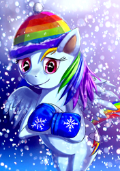 Size: 422x598 | Tagged: safe, artist:passer-in-the-storm, derpibooru exclusive, derpibooru import, rainbow dash, pegasus, pony, beanie, clothes, gloves, hat, snow, snowfall, solo, winter