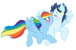 Size: 832x548 | Tagged: safe, artist:candyandbiffle, rainbow dash, soarin', pegasus, pony, female, kissing, male, shipping, soarindash, straight