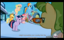 Size: 1024x640 | Tagged: safe, derpibooru import, screencap, applejack, chickadee, fluttershy, ms. peachbottom, pinkie pie, rainbow dash, twilight sparkle, earth pony, pegasus, pony, games ponies play, youtube caption