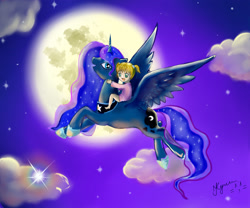 Size: 3000x2500 | Tagged: safe, artist:unnameluna, princess luna, alicorn, human, pony, child, cloud, duo, female, flying, humans riding ponies, mare, moon, night, riding