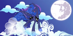 Size: 3000x1500 | Tagged: safe, artist:roadboat, princess luna, alicorn, pony, children of the night, cloud, female, mare, mare in the moon, moon, solo