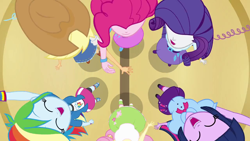 Size: 1280x720 | Tagged: safe, derpibooru import, screencap, applejack, fluttershy, pinkie pie, rainbow dash, rarity, twilight sparkle, equestria girls, from above