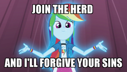 Size: 640x360 | Tagged: safe, derpibooru import, rainbow dash, equestria girls, friendship games, glow, god, image macro, join the herd, looking at you, meme, rainbow dash is god, smiling, solo, sparkles