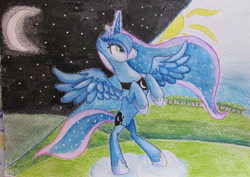 Size: 3568x2521 | Tagged: safe, artist:0okami-0ni, princess luna, alicorn, pony, day, moon, night, solo, stars, sun, traditional art