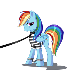 Size: 1704x1800 | Tagged: safe, artist:margony, rainbow dash, pegasus, pony, clothes, collar, cuffs, leash, prison outfit, prison stripes, prisoner, prisoner rd, shackles, solo