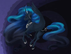 Size: 900x675 | Tagged: safe, artist:redded, princess luna, alicorn, pony, abstract background, curved horn, ear fluff, ear piercing, earring, eyes closed, female, flying, gradient mane, horn, impossibly long hair, jewelry, long mane, mare, piercing, solo, spread wings, tail jewelry, wings