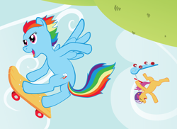 Size: 3300x2400 | Tagged: safe, artist:poniker, rainbow dash, scootaloo, pegasus, pony, scooter, skateboard