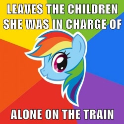 Size: 500x500 | Tagged: safe, rainbow dash, pegasus, pony, blue coat, female, image macro, mare, multicolored mane, neglect, solo