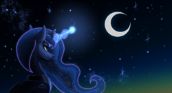 Size: 2600x1418 | Tagged: safe, artist:system-destroyer, princess luna, alicorn, pony, bust, female, glowing horn, horn, magic, mare, moon, night, portrait, solo