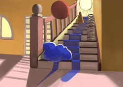 Size: 4096x2897 | Tagged: safe, artist:toisanemoif, princess luna, alicorn, pony, ball, cone, slinky, solo, stairs, sun, surreal