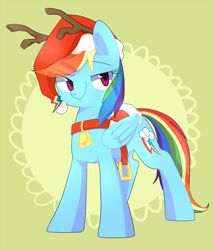 Size: 765x900 | Tagged: safe, artist:sion, rainbow dash, pegasus, pony, bell, bell collar, collar, hat, reindeer antlers, saddle, santa hat, solo