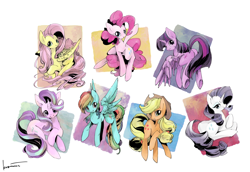 Size: 2500x1722 | Tagged: safe, artist:kuzumori, derpibooru import, applejack, fluttershy, pinkie pie, rainbow dash, rarity, starlight glimmer, twilight sparkle, twilight sparkle (alicorn), alicorn, earth pony, pegasus, pony, unicorn, alternate mane seven, cute, female, mane six, mare, pixiv