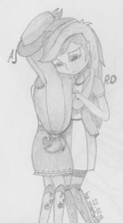 Size: 675x1212 | Tagged: safe, artist:marta4708, derpibooru import, applejack, rainbow dash, equestria girls, appledash, dancing, female, lesbian, monochrome, shipping, traditional art