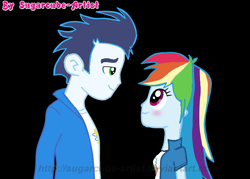 Size: 770x550 | Tagged: safe, artist:sugarcube-artist, rainbow dash, soarin', equestria girls, blushing, female, male, shipping, soarindash, straight