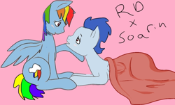 Size: 1024x618 | Tagged: safe, artist:kittyboooom, rainbow dash, soarin', pegasus, pony, blushing, female, male, shipping, soarindash, straight