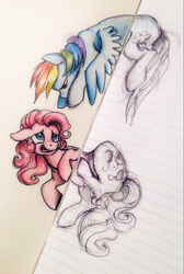 Size: 737x1100 | Tagged: safe, artist:buttersprinkle, derpibooru import, pinkie pie, rainbow dash, earth pony, pegasus, pony, fourth wall, lined paper, stuck, traditional art