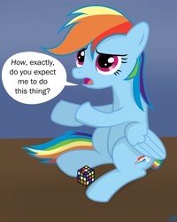 Size: 1024x1280 | Tagged: safe, artist:nuka-kitty, derpibooru import, rainbow dash, pegasus, pony, franklin gothic medium, funny, rubik's cube, silly, solo