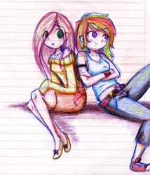 Size: 918x1071 | Tagged: safe, artist:cosmicponye, fluttershy, rainbow dash, human, clothes, converse, humanized, light skin, lined paper, shoes, sitting, sweater, sweatershy, tanktop, traditional art