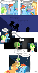 Size: 639x1219 | Tagged: safe, artist:mrchopin, derpibooru import, applejack, chickadee, ms. peachbottom, rainbow dash, earth pony, pegasus, pony, comic, exploitable meme, the scary door