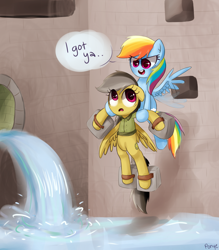 Size: 1424x1624 | Tagged: safe, artist:cosmicponye, daring do, rainbow dash, pegasus, pony, daring don't, carrying, flying, scene interpretation, water