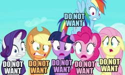 Size: 900x540 | Tagged: safe, derpibooru import, screencap, applejack, fluttershy, pinkie pie, rainbow dash, rarity, twilight sparkle, twilight sparkle (alicorn), alicorn, earth pony, pegasus, pony, unicorn, the crystalling, blue text, caption, disgusted, do not want, female, floppy ears, image macro, mane six, mare, meme, open mouth, pink text, purple text, reaction image, shocked, yellow text