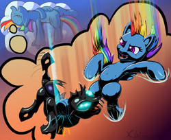 Size: 1920x1567 | Tagged: safe, artist:xbi, derpibooru import, rainbow dash, changeling, pegasus, pony, action pose, armpits, fangs, fight, open mouth