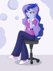 Size: 2048x2732 | Tagged: safe, artist:justsomepainter11, princess luna, vice principal luna, equestria girls, beautiful, bored, chair, clothes, crossed legs, female, office chair, pants, simple background, sitting, solo, woman