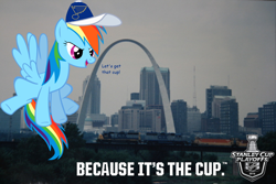 Size: 1000x667 | Tagged: safe, derpibooru import, rainbow dash, pegasus, pony, fake advertisement, gateway arch, hockey, ice hockey, nhl, skyline, slogan, solo, st. louis, st. louis blues, stanley cup playoffs, vector