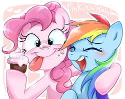 Size: 574x456 | Tagged: safe, artist:ichigoaimin, derpibooru import, pinkie pie, rainbow dash, earth pony, pegasus, pony, blushing, cupcake, cute, duo, female, friendshipping, mare, pixiv, tongue out