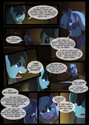 Size: 1240x1754 | Tagged: safe, artist:lunarcakez, princess luna, alicorn, earth pony, pony, comic:the origins of hollow shades, cloak, clothes, comic, crying, male, stallion