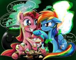 Size: 597x473 | Tagged: safe, artist:ichigoaimin, derpibooru import, pinkie pie, rainbow dash, earth pony, pegasus, pony, blushing, cauldron, cooking, crying, messy, pinkamena diane pie