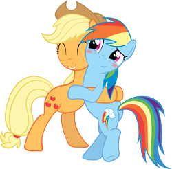 Size: 5000x4916 | Tagged: safe, artist:artpwny, derpibooru import, applejack, rainbow dash, earth pony, pegasus, pony, absurd resolution, appledash, bipedal, blushing, female, hug, lesbian, shipping, simple background, transparent background, vector