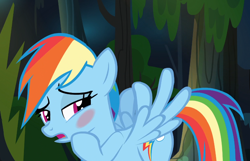 Size: 908x586 | Tagged: safe, screencap, rainbow dash, pegasus, pony, daring don't, blushing, dashabuse, slap, solo