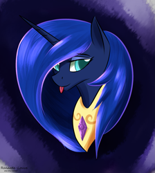 Size: 1147x1280 | Tagged: safe, artist:renarde-louve, princess luna, alicorn, pony, accessory swap, alternate hairstyle, bust, gradient background, looking at you, peytral, tongue out