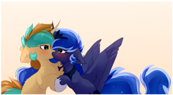 Size: 1884x1036 | Tagged: safe, artist:little-sketches, princess luna, oc, oc:demi, oc:demiurgic theory, alicorn, pony, unicorn, blushing, canon x oc, chest fluff, cute, female, floppy ears, hoof hold, kissing, looking at each other, making out, male, mare, simple background, spread wings, stallion, straight, wingboner, wings, yellow background