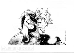 Size: 1050x750 | Tagged: safe, artist:amarynceus, princess luna, oc, oc:azure night, alicorn, pony, unicorn, azuna, canon x oc, grayscale, ink drawing, monochrome, simple background, traditional art, white background