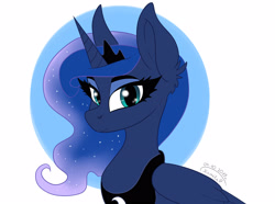 Size: 3500x2600 | Tagged: safe, artist:princesslunka10, princess luna, alicorn, pony, abstract background, bust, circle background, crown, cute, ear fluff, female, high res, jewelry, looking at you, lunabetes, mare, portrait, regalia, solo