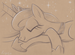 Size: 4440x3284 | Tagged: safe, artist:fladdrarblyg, princess luna, alicorn, pony, absurd resolution, brown background, bust, crossed hooves, crown, cute, hoof shoes, jewelry, lunabetes, regalia, signature, simple background, sleeping, smiling, solo, stars, traditional art