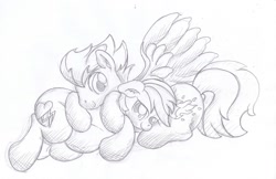 Size: 1280x828 | Tagged: safe, artist:seenty, derpibooru import, fire streak, rainbow dash, pegasus, pony, female, firedash, hug, male, monochrome, pregnant, shipping, straight, traditional art