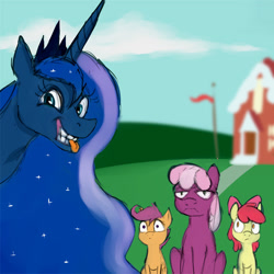 Size: 700x700 | Tagged: safe, artist:jellymaggot, apple bloom, cheerilee, princess luna, scootaloo, alicorn, pony, /mlp/, 4chan, cheerilee is unamused, colored, drawthread, flehmen response, funny, horses doing horse things, photobomb, ponified animal photo, silluna, solo focus, tongue out