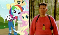 Size: 645x381 | Tagged: safe, derpibooru import, applejack, fluttershy, rainbow dash, equestria girls, clothes, comic, cutie mark, food, grucha, nickname, pear, sweater